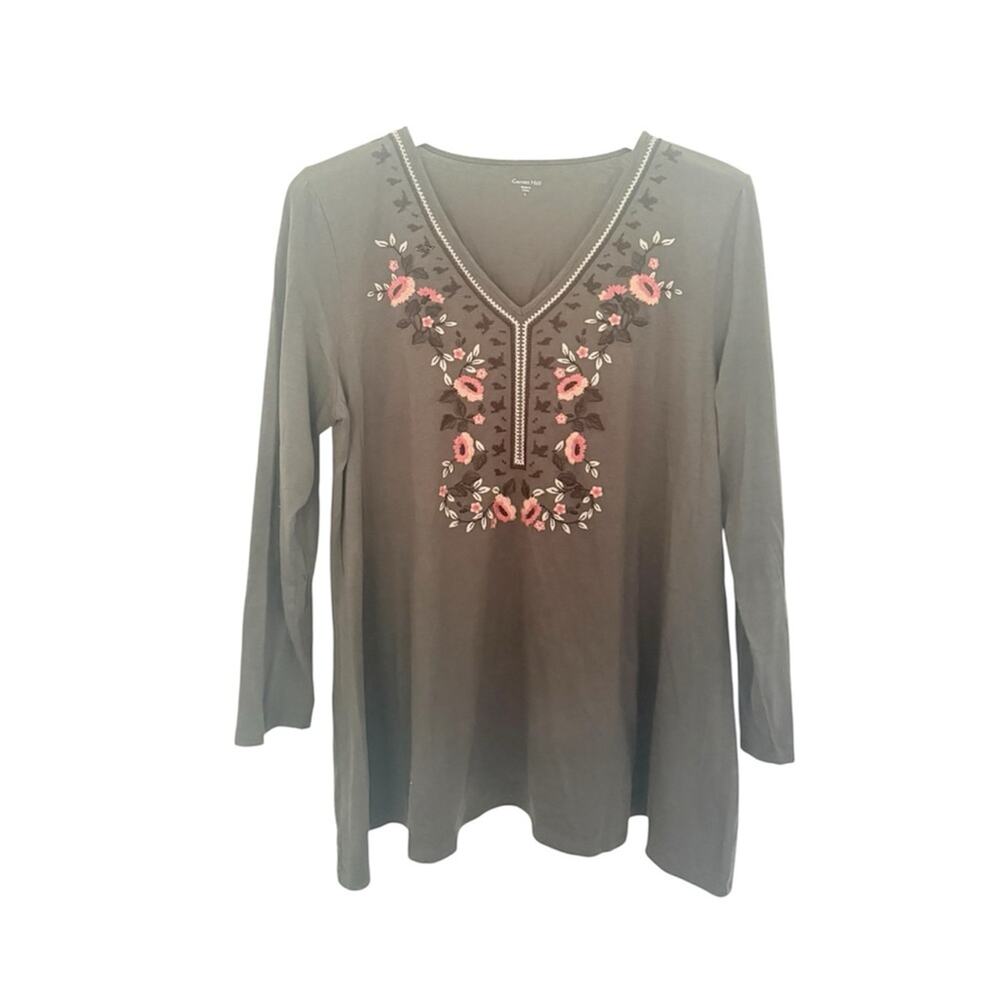 Garnet Hill Embroidered Blouse Olive Green Long Sleeve Top Size Large